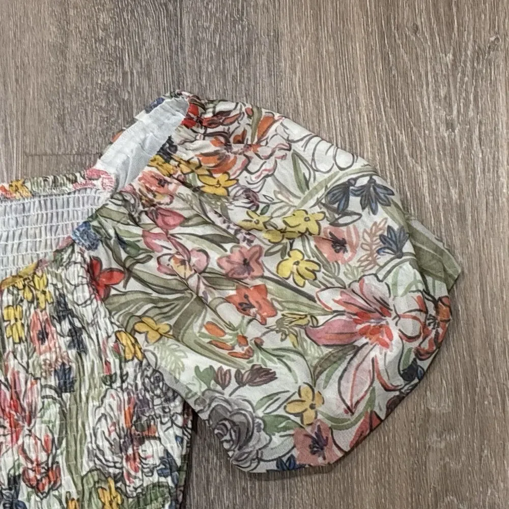 Anthropologie Floral Smocked Mesh Puff Sleeve Blouse L NWT